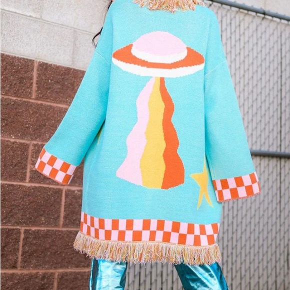 Dressed in lala Greetings Earthlings Fringe Blanket Cardigan S/M - Picture 1 of 9